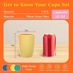 Homienly Plastic Cups Alternative Wheat Straw Drinking Glasses 4-Pack | 12 oz Unbreakable & Reusable Plastic Cups, Microwave Safe | Everyday Kids Tumblers & Kitchen Accessories (Multi-Color)