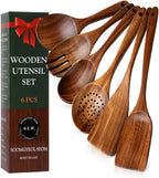 6-Piece Natural Teak Wood Utensil Set - Compact Nonstick Cooking Spoons & Spatulas, Durable Wooden Tools