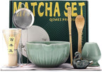 Matcha Ceremony Accessory,temmoku glaze Matcha Whisk, Traditional Scoop (Chashaku), Tea Spoon, Whisk Holder, 1 tea bowl, 1 tea siev, The Perfect Set to Prepare a Traditional Cup of Matcha. (Green)