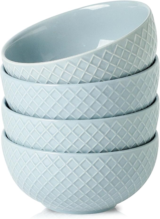 HASENSE Cereal Bowls Set of 4, 26 OZ Ceramic Soup Bowls, Stoneware Porcelain Cereal Bowls for Soup, Cereal, Oatmeal, Fruit, Salad, Embossed Pattern, Microwave & Dishwasher Safe, Blue