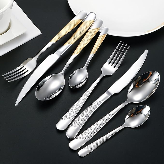 Gold Silverware Set, Caliamary 24 Pieces Flatware Set with Silverware Holder, Stainless Steel Knives and Forks and Spoons Cutlery Set Service for 6, Kitchen Utensil Tableware Set with Antiskid Handle