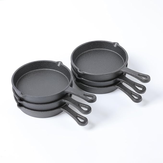 HAWOK Cast Iron Mini Skillet, Round Pan, Mini Server, DIA 5.3inch, 6 Pcs, Black