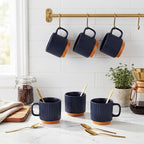 6 Set Ceramic Coffee Mugs with Spoons Set, Textured Ceramic Mugs with Handle, Dishwasher Microwave Safe, Aesthetic Tea Mug for Home Office, Coffee Lover Gift (Dark Blue)