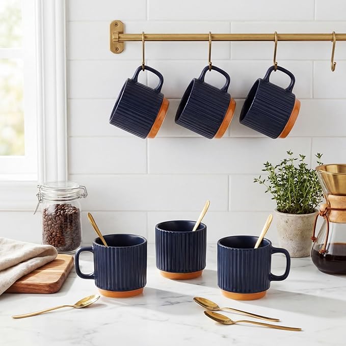 6 Set Ceramic Coffee Mugs with Spoons Set, Textured Ceramic Mugs with Handle, Dishwasher Microwave Safe, Aesthetic Tea Mug for Home Office, Coffee Lover Gift (Dark Blue)