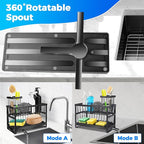2-Tier Sink Sponge Caddy Organizer | Self Drain Sink Caddy with Dish Brush Holder | Non Toxic Kitchen Sink Accessories for Sponges, Brushes & Soap (Black)