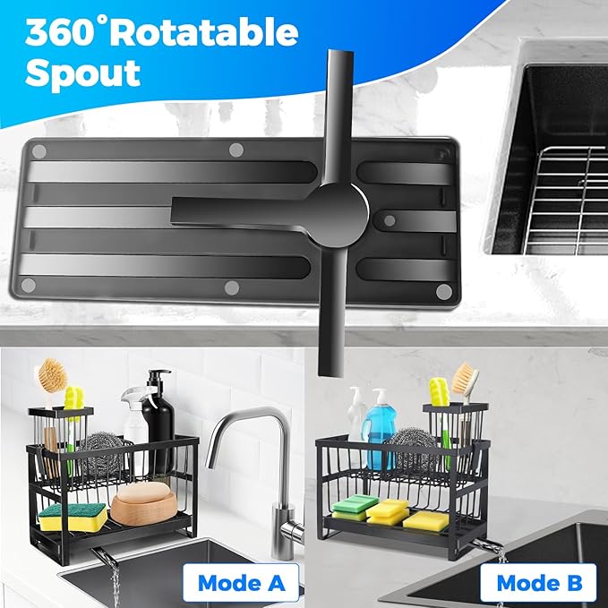 2-Tier Sink Sponge Caddy Organizer | Self Drain Sink Caddy with Dish Brush Holder | Non Toxic Kitchen Sink Accessories for Sponges, Brushes & Soap (Black)