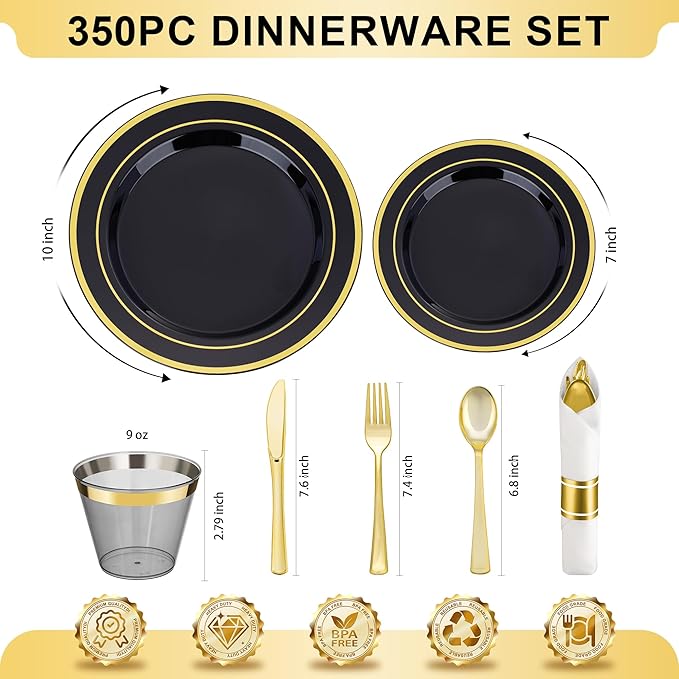BESTVIP 525PCS Black Gold Dinnerware Set for 75 Guests, Plastic Plates for Halloween Party and Christmas, 75 Disposable Plates, 75 Dessert Plates, 75 Cups, 75 Spoons, 75 Forks and 75 Knives
