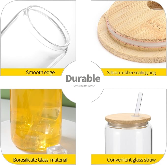 YOUKE OLA 20 Pack Glass Cups with Bamboo Lids and Glass Straw 16oz Beer Can Shaped Drinking Glasses Cups, Glass Tumbler Reusable Cute Cups for Whiskey, Iced Coffee, Tea, Soda, Cocktail, Gift, Clear