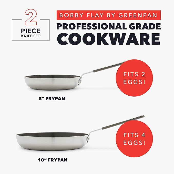 GreenPan x Bobby Flay Stainless Steel 8” & 10” Frying Pan Skillet Set, Professional Grade Tri-Ply, Multiclad, PFAS-Free Ceramic Nonstick, Induction Suitable, Dishwasher & Oven Safe, Stay Cool Handle