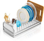 Dish Drying Rack for Small Kitchen Counter, 304 Stainless Steel Small Dish Rack w Utensil Holder & Tray for Limited Space, Rustproof Narrow Dish Rack for Pot & Pan, Plate, Lid (Silvery)