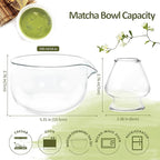 Matcha Bowl and Whisk Holder Set, Glass Matcha Bowl with Spout, Ceremonial Mixing Chawan, Clear Traditional Japanese Matcha Kit for Tea/Matcha Powder/Soup - Hammer Pattern