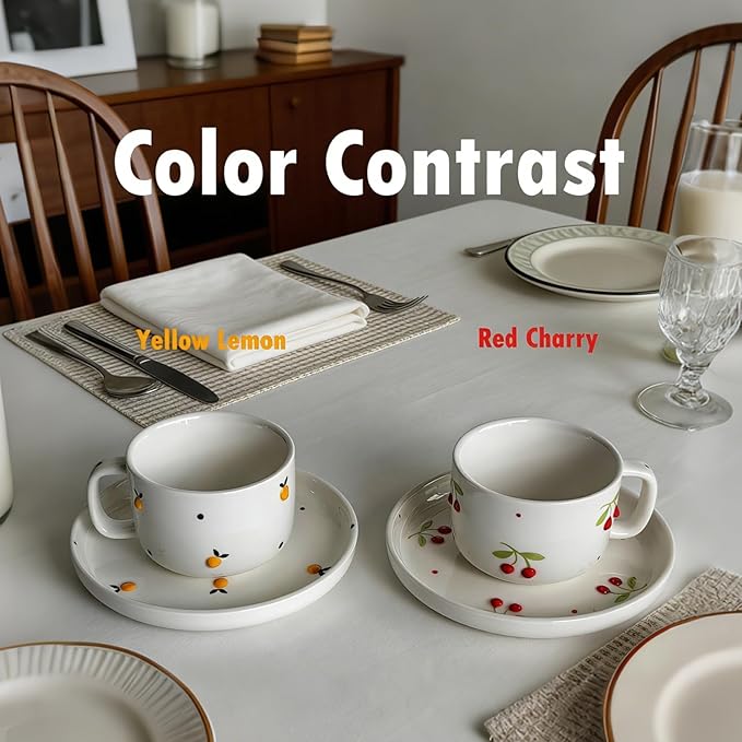 Ceramic Coffee Mug Set of 2, 8 oz Cherry and Lemon Design Cups with Saucers, Red & Yellow Cute Tea Mugs, Porcelain Espresso Mug Set for Coffee, Tea, Breakfast, Gift