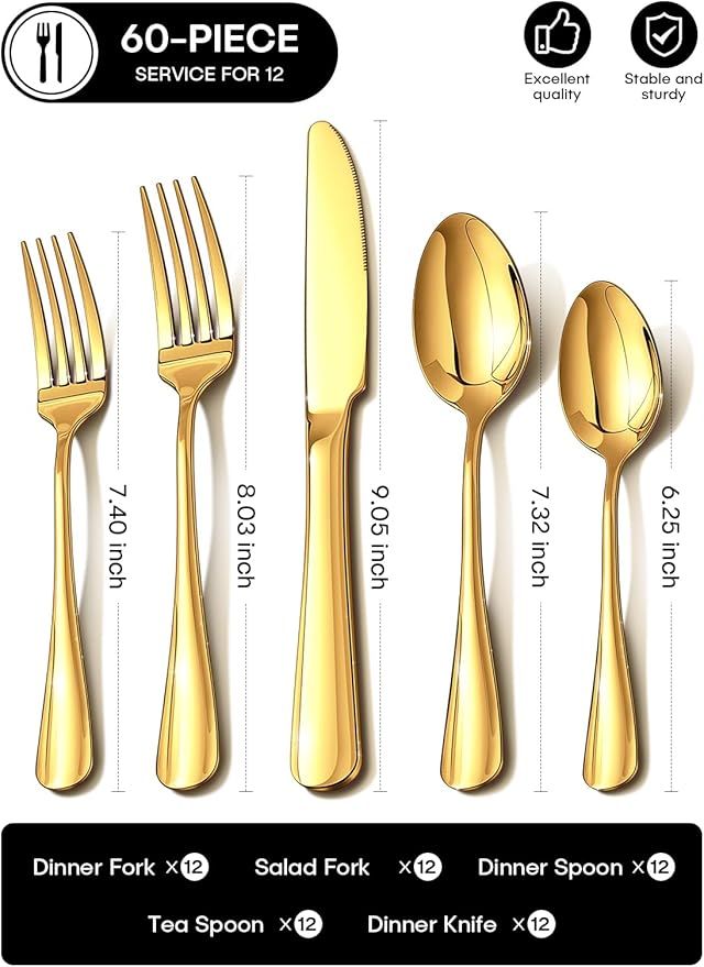 Gold Silverware Set for 12, 60 Piece Stainless Steel Flatware Set, Mirror Polished Food-Grade Cutlery Utensil Set Include Knives Forks Spoons for Kitchen Restaurant Wedding Party, Dishwasher Safe