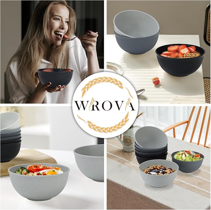Wrova Wheat Straw Bowl Sets,8 PCS Unbreakable Cereal Bowl 26 OZ,Microwave and Dishwasher Safe Bowls,Alternative Plastic Bowls for Kitchen,Apartment,Camping,RV (Classic Series)