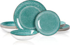 Bestone 12-Piece Round Porcelain Dinnerware Set, Service for 4, Chip Resistant Plates and Bowls,Green, Dishwasher & Microwave Safe for Home Daily Use
