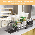 Dish Drying Rack Extendable Dish Rack Rustproof Carbon Steel with Drainboard & Cutlery Holder – Extra Large Capacity Dish Drainer Countertop Dish Strainer for Kitchen Utensils, Plates, Spoons & Forks