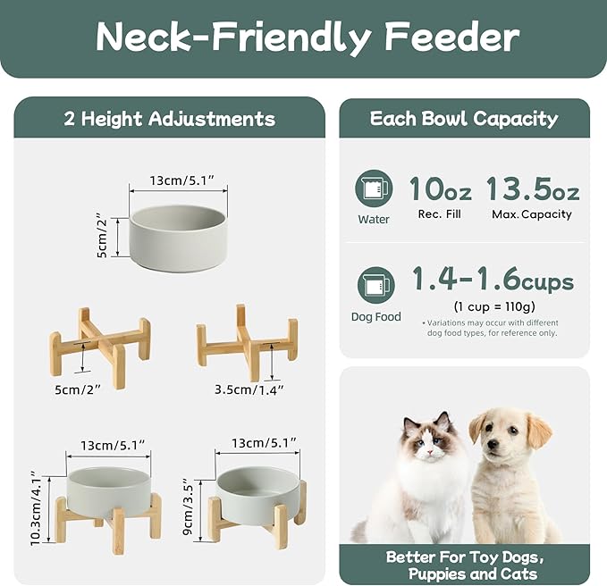 Havniva Ceramic Raised Dog and Cat Bowl Set, 2 Heights Elevated Stand, Food and Water Bowl for Small Breed Dogs, Cats, Kitty, Weighted Dog Dishes, Pet Bowls(5.1'',13.5oz, Grey)
