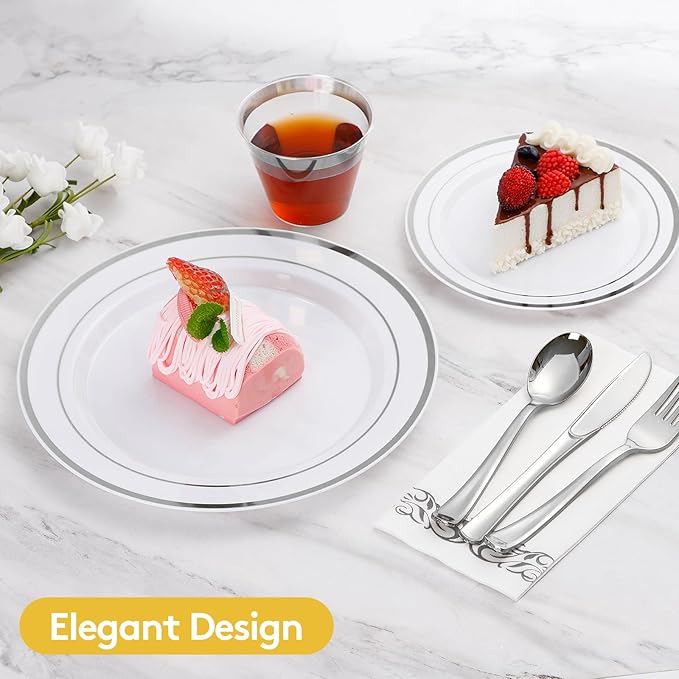 Goodluck 700 Pieces Silver Dinnerware Set for 100 Guests, Disposable Plastic Plates for Party, Include: 100 Dinner Plates, 100 Dessert Plates, 100 Paper Napkins, 100 Cups, 100 Silverware set