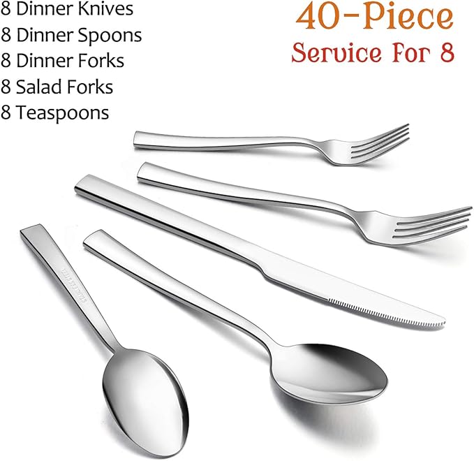 40-Piece Silverware Set, E-far Stainless Steel Flatware Set Service for 8, Modern Tableware Cutlery Set for Home and Restaurant, Square Edge & Mirror Finish, Dishwasher Safe