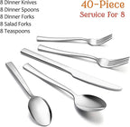 40-Piece Silverware Set, E-far Stainless Steel Flatware Set Service for 8, Modern Tableware Cutlery Set for Home and Restaurant, Square Edge & Mirror Finish, Dishwasher Safe
