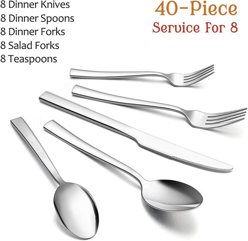 40-Piece Silverware Set, E-far Stainless Steel Flatware Set Service for 8, Modern Tableware Cutlery Set for Home and Restaurant, Square Edge & Mirror Finish, Dishwasher Safe