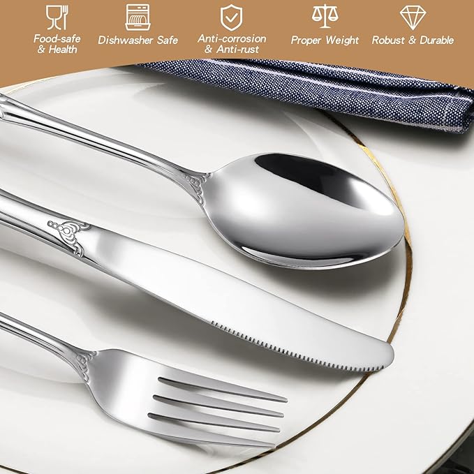 Gorgeous Retro Royal Silverware Set For 8,OIULO 18/0 Stainless Steel 40-Piece Flatware Set Service for 8,Vintage Fine Dining Utensils Fork Spoon Knife,Antique Baroque Cutlery,Mirror,Dishwasher Safe