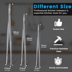 HOTEC Kitchen Tweezers Tongs Stainless Steel Professional Chef Tweezers, Set of 3-6.3", 10" and 12inch Food Tongs for Cooking, Repairing, Dessert, BBQ, Meat, Pasta, Silver