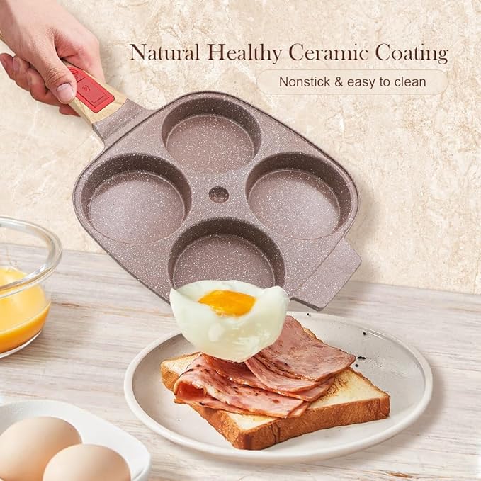 Ceramic Egg Frying Pan, Nonstick 4 Cup Fried Egg Pan with Detachable Handle, Omelette Pan Induction Compatible - Brown