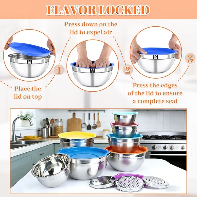 Mixing Bowls with Lids Set - 7 Nesting Mixing Bowls, 3 Graters, 11 Baking Tools, Airtight Lids, Stainless Steel Mixing Bowl for Mixing & Baking, Size 0.7/1.1/1.5/2.1/3.5/4/4.5 QT, Colorful