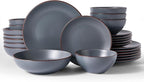 Famiware Venus Speckled Dinnerware Set, 24-Piece Stoneware Dishes for 6, Matte Charcoal - Includes Pasta Bowls & Dinner Plates for Everyday Meals or Formal Dining, Microwave & Dishwasher Safe