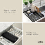 Umbra Udry Dish Rack and Microfiber Drying Mat – Space-Saving Design Folds Up for Easy Storage, Basic Rack, Black