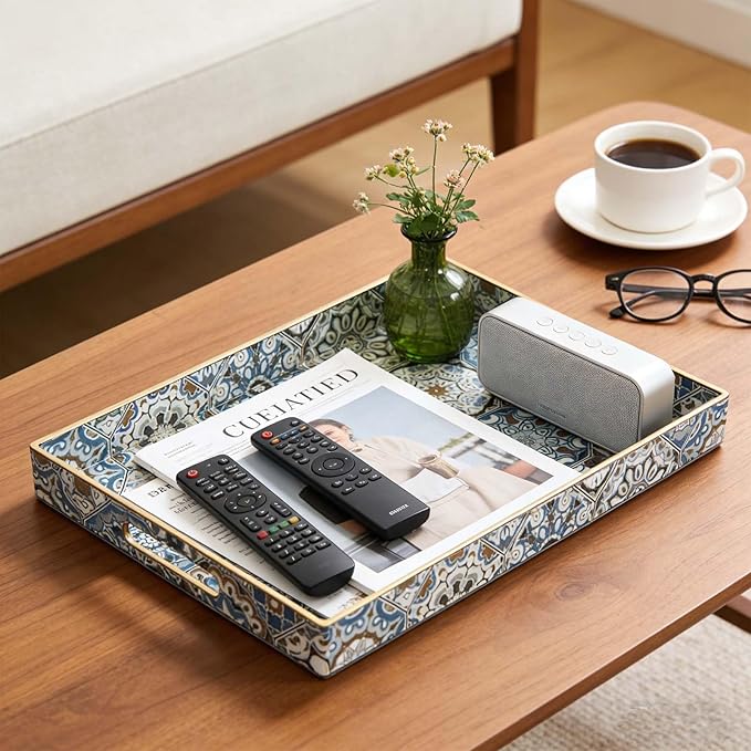 Large Serving Tray with Handles,Rectangle Plastic Serving Tray,Bohemian Blue Ottoman Trays Coffee Table Trays for Living Room,Decorative Tray for Coffee Table 16" x 12"