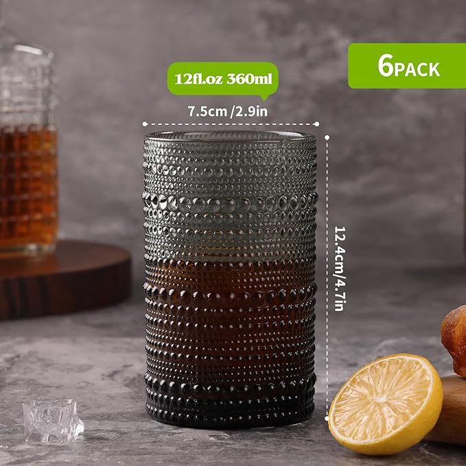 Moretoes Hobnail Drinking Glasses Set of 6,12 Oz Highball Glasses Clear Embossed Boho Water Glass Cups Kitchen Bar Tumbler Glassware Set for Whiskey, Beer, Juice, Milk and Various Mixed Drinks (Gray)