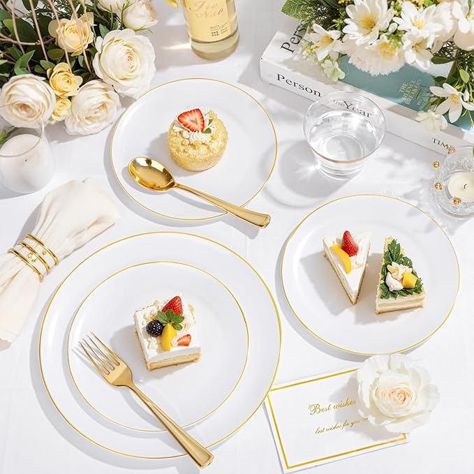 KIRE 175PCS Gold Plates Disposable - Heavy Duty White and Gold Plastic Plates Dinnerware Sets - 25 for Dinner 25 for Dessert 25 Pre Rolled Napkins and 25 Cups for Birthday/Ramadan/Wedding/Mother's Day