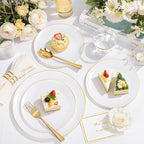 KIRE 175PCS Gold Plates Disposable - Heavy Duty White and Gold Plastic Plates Dinnerware Sets - 25 for Dinner 25 for Dessert 25 Pre Rolled Napkins and 25 Cups for Birthday/Ramadan/Wedding/Mother's Day