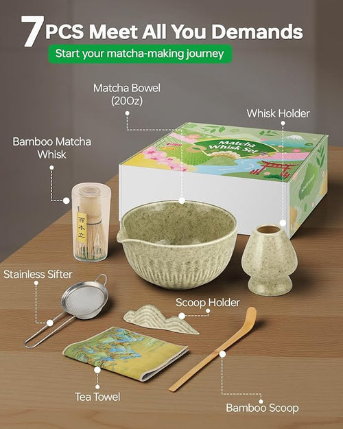 20Oz Matcha Whisk Set，7 Pcs Matcha Kit Includes Matcha Bowl, Whisk & Holder, Bamboo Scoop, Scoop Rest, Sifter & Tea Towel - Perfect for Matcha Tea Ceremony