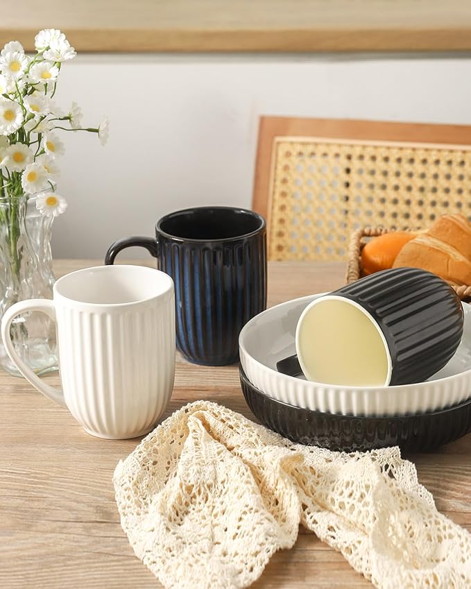 HASENSE 16 oz Ceramic Coffee Mugs Set of 4, Ribbed Navy Blue Coffee & Tea Cups, Dishwasher & Microwave Safe, Ideal for Housewarming & Wedding Gifts