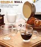 Espresso Cups Set of 4,5oz Hand Blown Double Walled Insulated Espresso Coffee Mugs with Handle,Perfect for Cappuccino, Latte, Tea, Clear Glass Espresso Shot Cups Suitable for Coffee