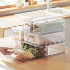 MineSign 4Pack Stackable Fridge Drawers Pull-out Storage Bins with Handle Clear Food Container for Refrigerator Plastic Dresser Organizer Fruit&Veggie Keeper for Freezer Cabinet Kitchen Organization