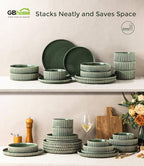GBHOME 24-Piece Stoneware Dinnerware Set for 8 – Ribbed Ceramic Plates and Bowls, Scratch-Resistant, Microwave & Dishwasher Safe, Reactive Glaze, Dark Green