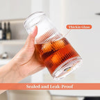 Amyoole 20 oz Ribbed Glass Tumblers With Lids and Straws,Clear Drinking Glasses Set of 4,Reusable Vintage Iced Coffee Cups,Leak Proof Thick Glass Cups for Juice,Cocktail,Smoothie,Beer,Boba
