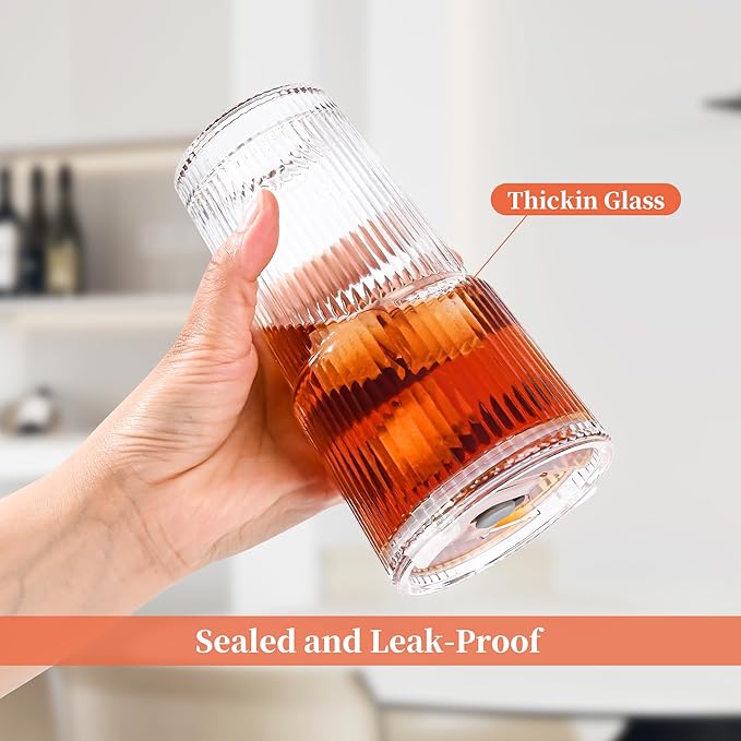 Amyoole 20 oz Ribbed Glass Tumblers With Lids and Straws,Clear Drinking Glasses Set of 4,Reusable Vintage Iced Coffee Cups,Leak Proof Thick Glass Cups for Juice,Cocktail,Smoothie,Beer,Boba