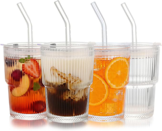 Ribbed Glass Tumbler with Lids and Straws, Vintage Clear Glass cups, Large capacity, Unbreakable, Fluted Design, Ideal for Travel, Iced Coffee,Smoothie, Tea, Latte, Gift (4pc 14oz)