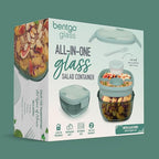 Bentgo Glass Prints Salad Container - 7.6-Cup Tinted Glass Salad Bowl with Airtight Lid, Leak-Proof Sauce Container, 4-Compartment Bento Meal Prep Tray & Reusable Fork (Mod Curve - Serene Green)