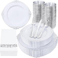 Nervure 350PCS Silver Plastic Dinnerware - White and Silver Disposable Plates for 50 Guests - 100 Disposable Plates, 150 Plastic Silverware, 50 Cups, 50 Napkins for Wedding & Party