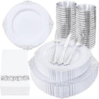 Nervure 350PCS Silver Plastic Dinnerware - White and Silver Disposable Plates for 50 Guests - 100 Disposable Plates, 150 Plastic Silverware, 50 Cups, 50 Napkins for Wedding & Party