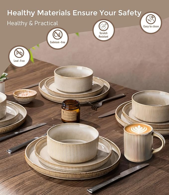 GBHOME 24-Piece Stoneware Dinnerware Set for 8 – Ribbed Ceramic Plates and Bowls, Scratch-Resistant, Microwave & Dishwasher Safe, Reactive Glaze, Cappuccino