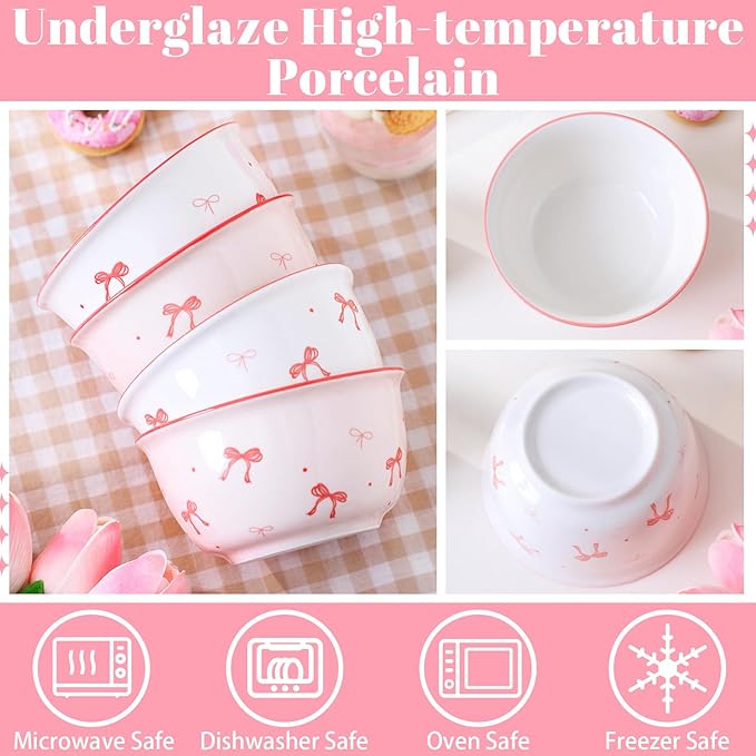 Maxdot 4 Pcs Pink Bow Ceramic Bowls Set 10oz Coquette Cute Soup Bowl Preppy Dessert Pudding Fruit Salad Decorations for Kitchen Decoration Pink White Bowl