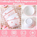 Maxdot 4 Pcs Pink Bow Ceramic Bowls Set 10oz Coquette Cute Soup Bowl Preppy Dessert Pudding Fruit Salad Decorations for Kitchen Decoration Pink White Bowl