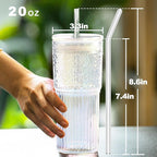 JunVpic Glass Cups with Lids and Straws, 20 OZ Multi Iced Coffee Glasses Tumblers for Ice Water, Juice, Tea, Milk, Smoothie and Cold or Hot Drinks, Set of 2